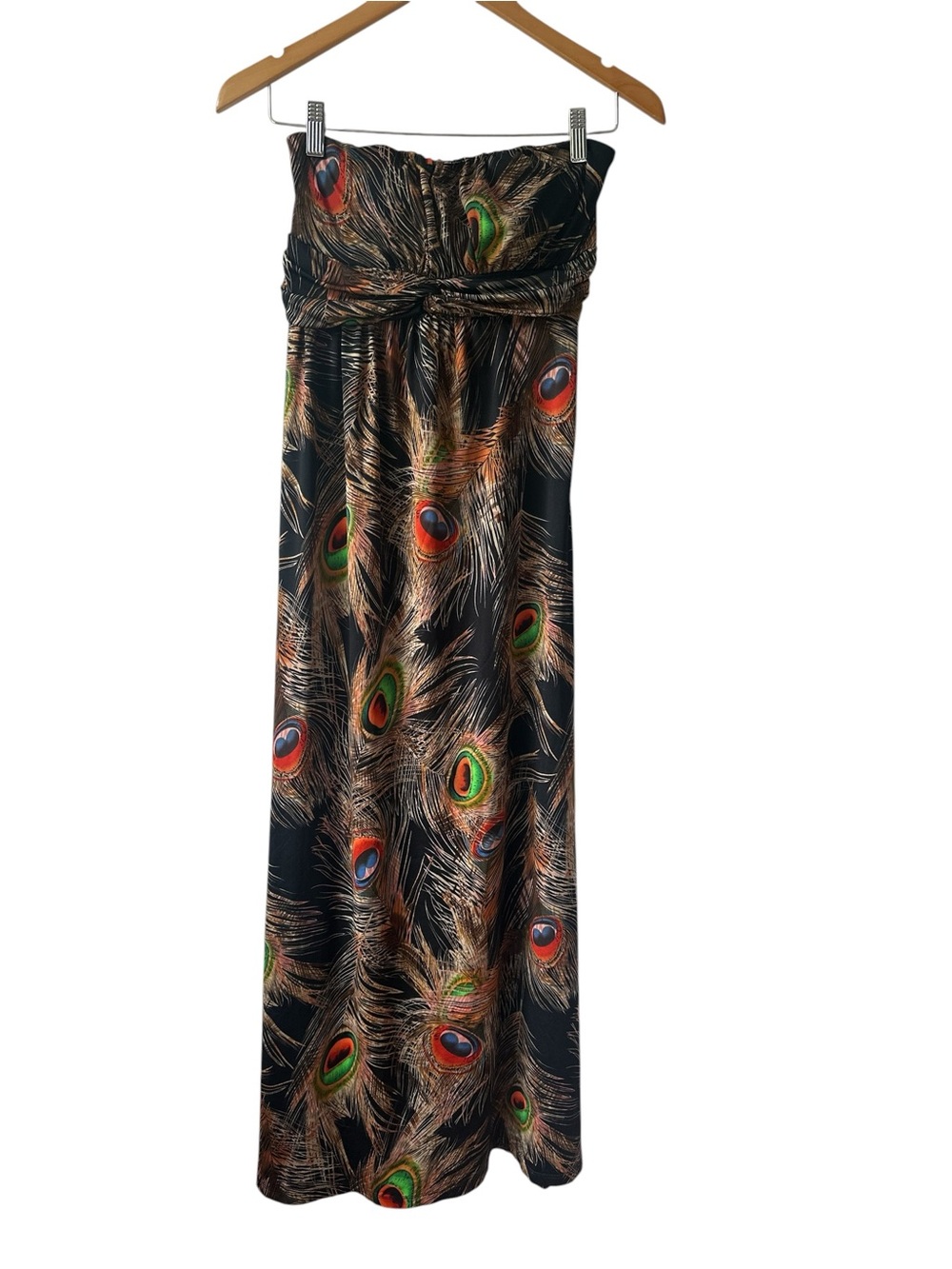 Poetry Strapless Peacock Feather Maxi Dress Small